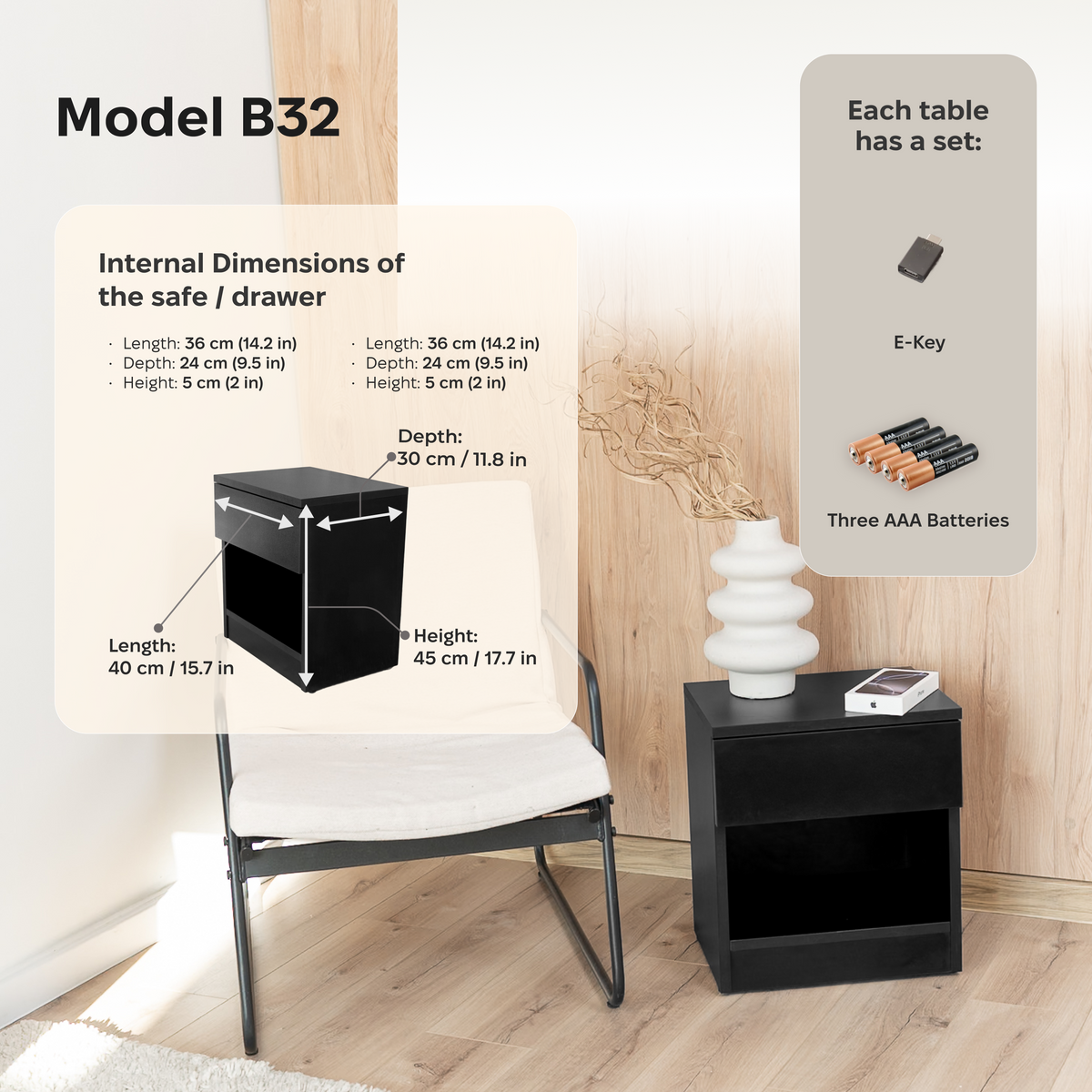 Smart Nightstand with Fingerprint Lock Drawer – B32