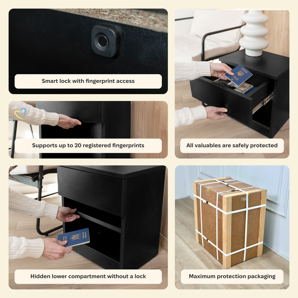 Smart Nightstand with Fingerprint Lock Drawer – B32
