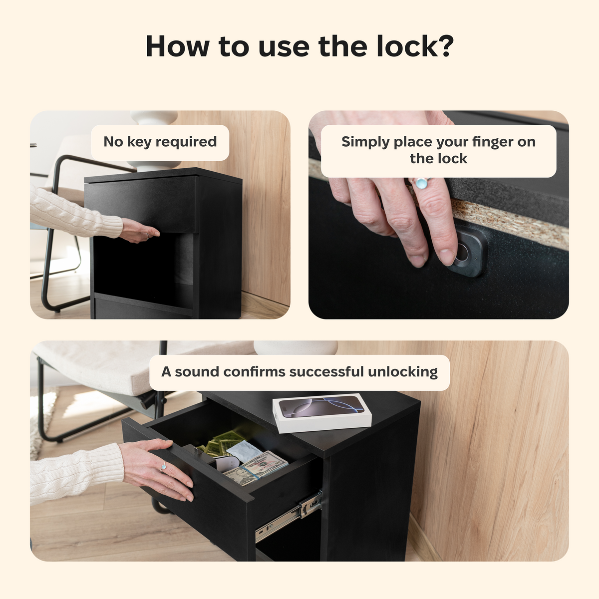 Smart Nightstand with Fingerprint Lock Drawer – B32