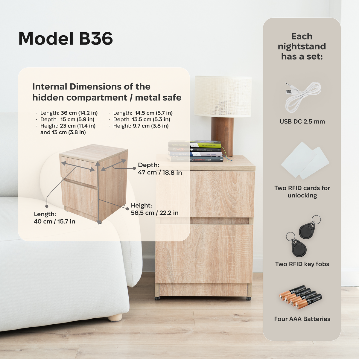 Modern Nightstand with Hidden Metal Safe and RFID Lock – B36