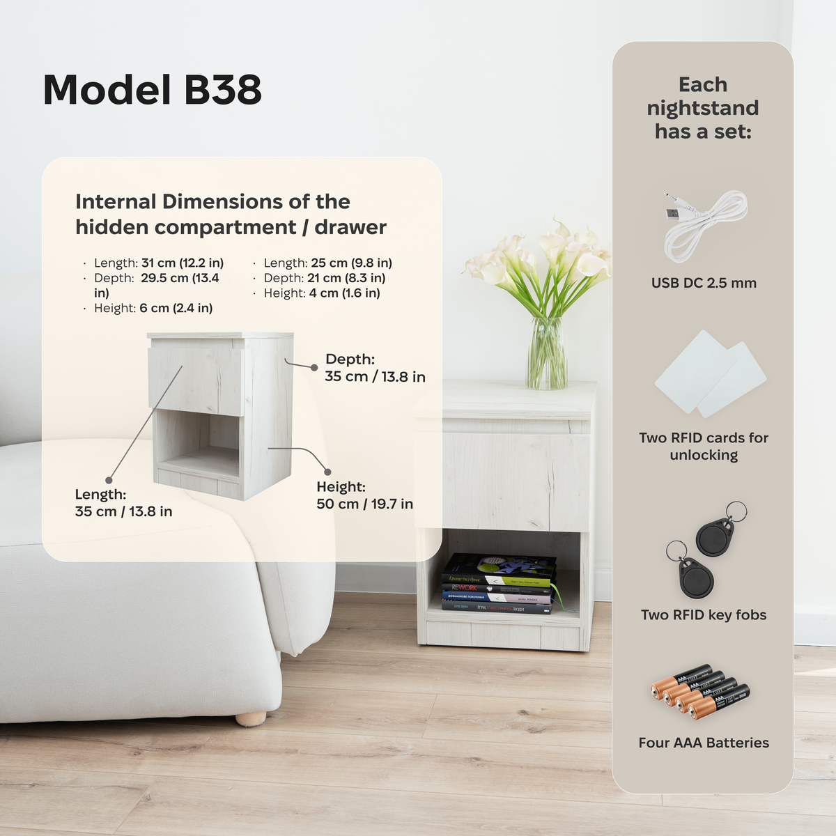 Narrow Nightstand with Two Hidden Compartments and RFID Lock – B38
