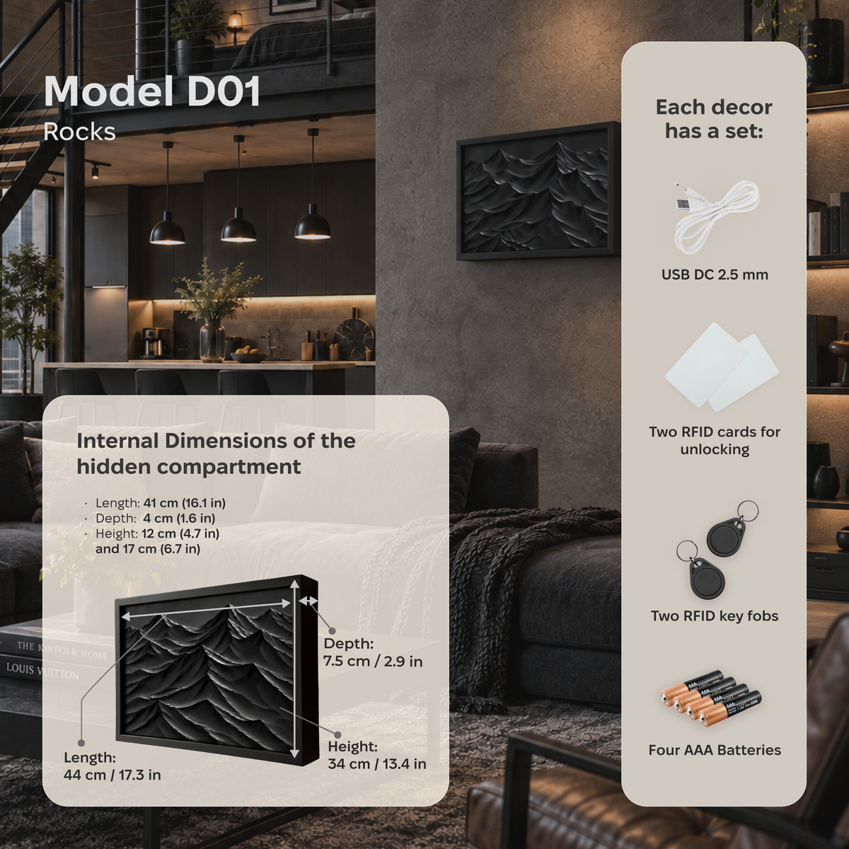 Black Rocks Wall Art Decor with Hidden RFID Storage – D01