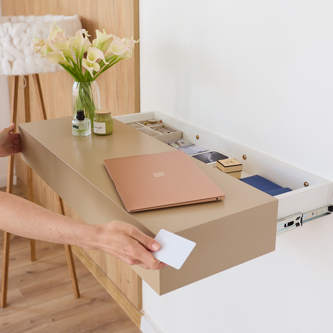 Floating Wall Table with Hidden RFID Drawer – A14