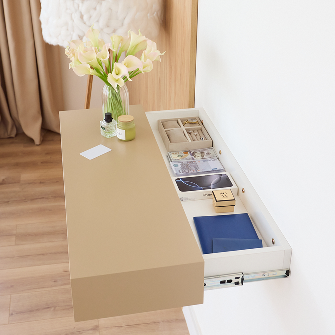 Floating Wall Table with Hidden RFID Drawer – A14