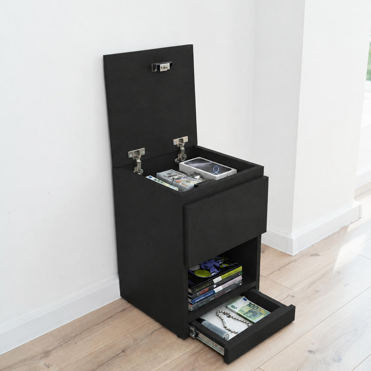 Narrow Nightstand with Two Hidden Compartments and RFID Lock – B38