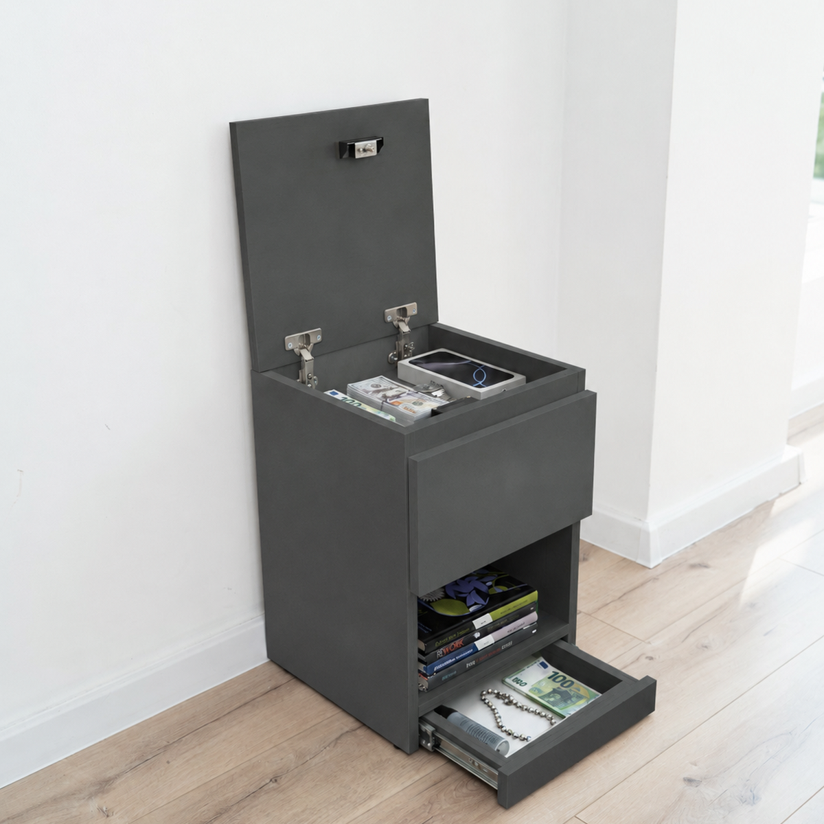 Narrow Nightstand with Two Hidden Compartments and RFID Lock – B38
