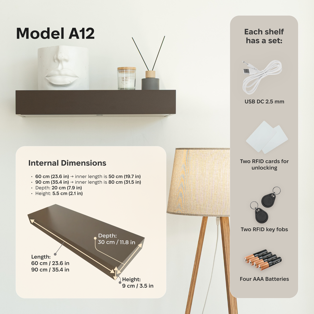 Wall Shelf with Concealed Storage and RFID Lock – A12