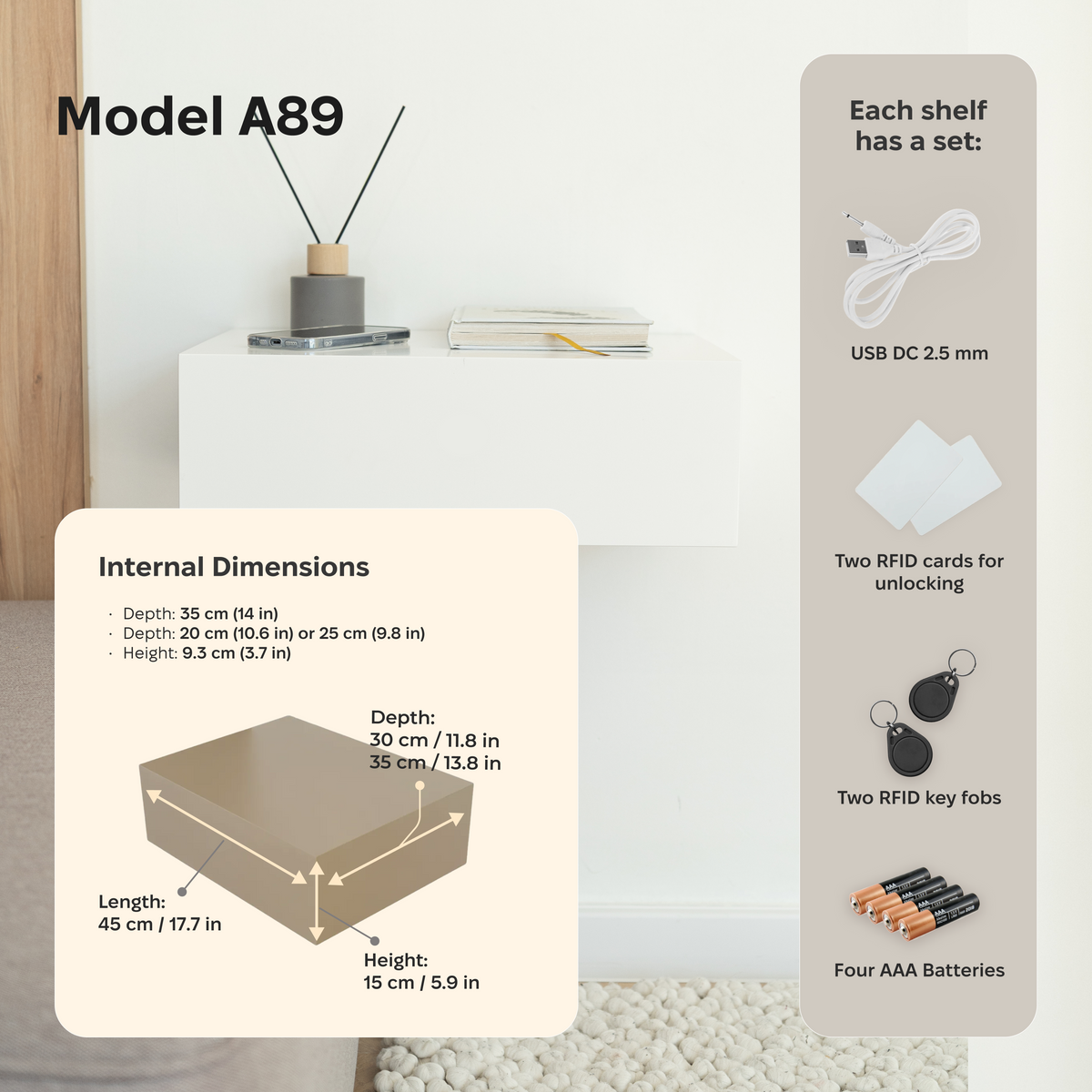 Floating Nightstand with Hidden Safe Drawer – A89