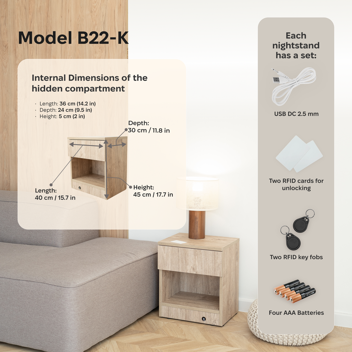 Easy Assembly Nightstand with Concealed Storage – B22-K