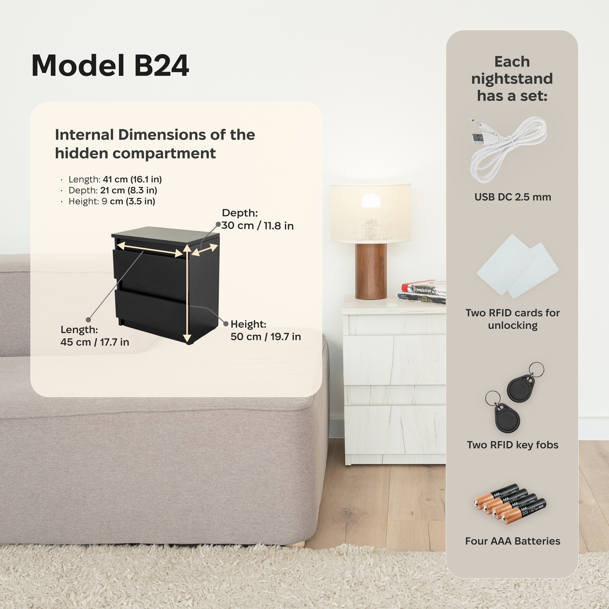 Bedside table with Locked Hidden Storage – B24