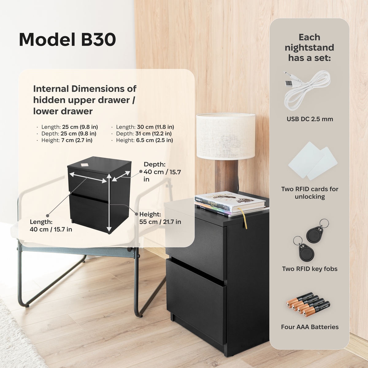 Bedside table with Two Hidden Drawers – B30