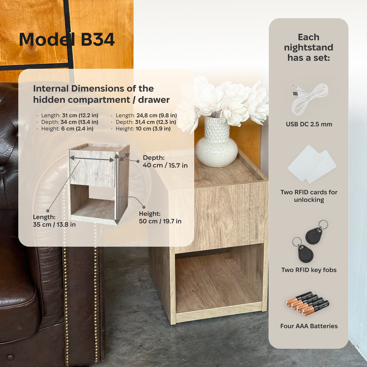 Stylish Nightstand with Hidden Locked Compartment – B34