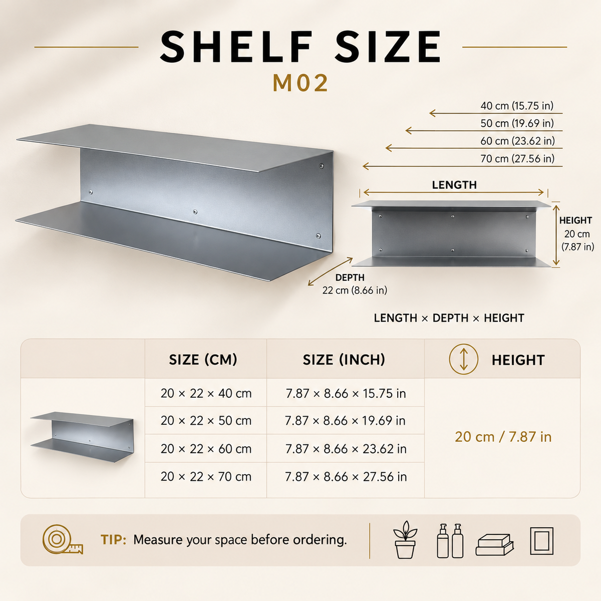 Minimalist Metal Wall Shelf – Two-Tier Steel Shelf M02