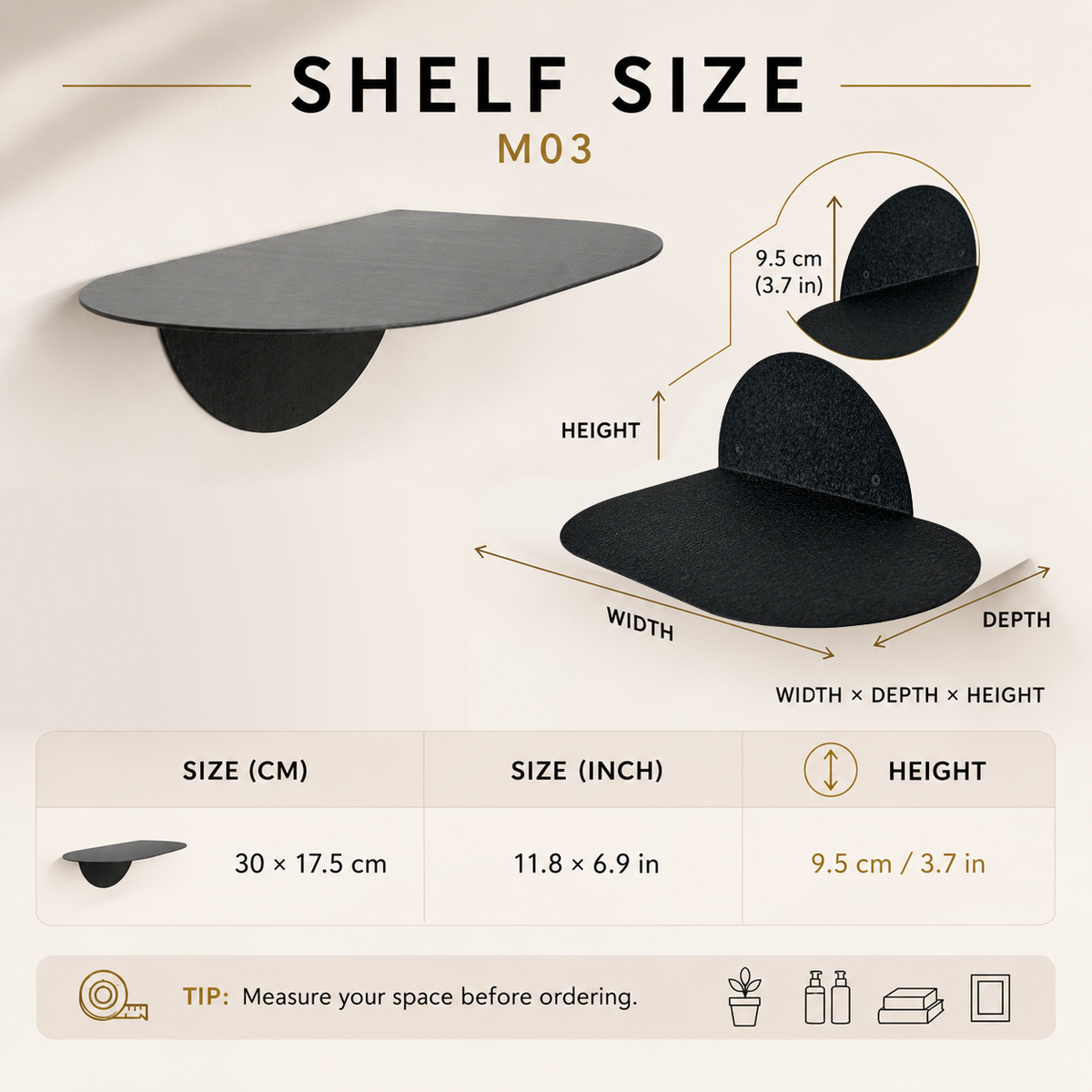 Compact Metal Wall Shelf with Rounded Base – M03