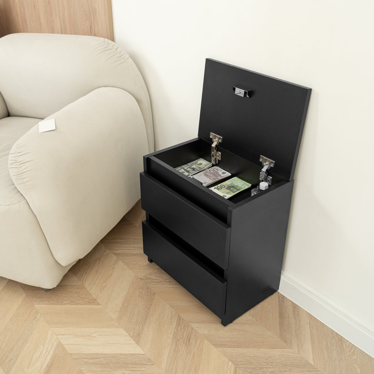 Black Nightstand with Hidden Secure Storage – B24